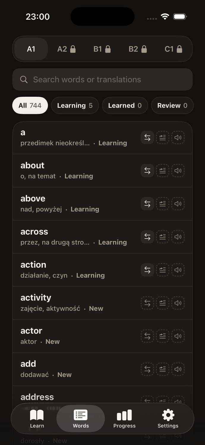 Words tab: a searchable list with status and three mode icons per word